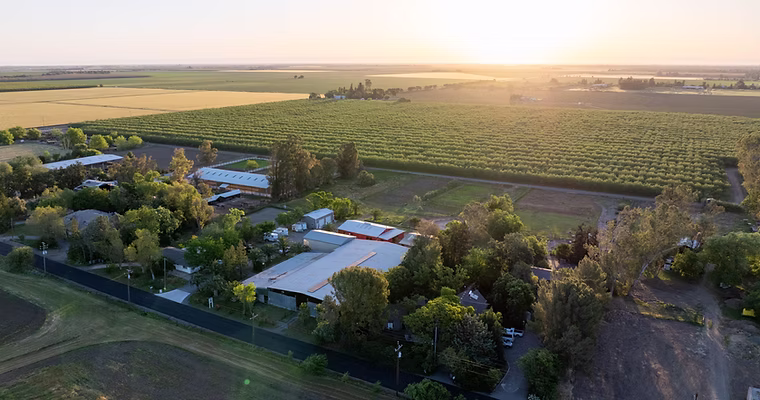 Aerial view of Little Reata Stables and the surrounding Davis farmland